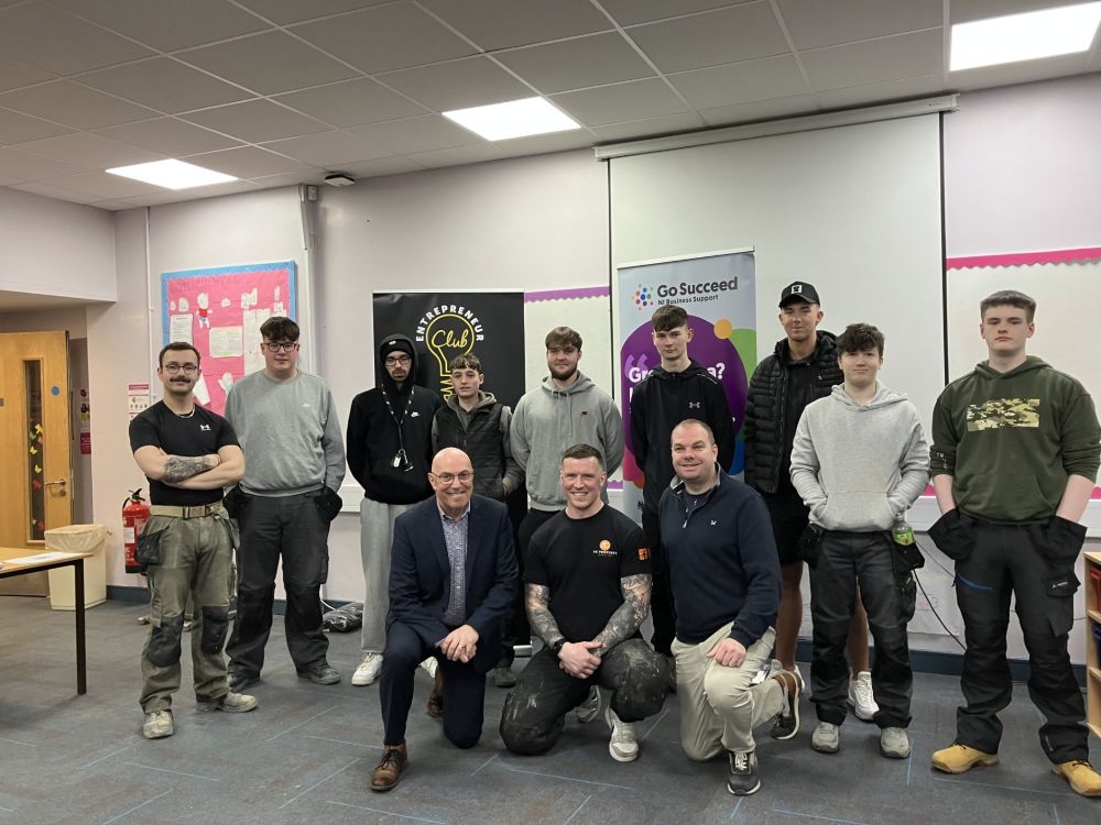 Chris Clarke with Brickwork apprentices at SERC Newtownards Campus