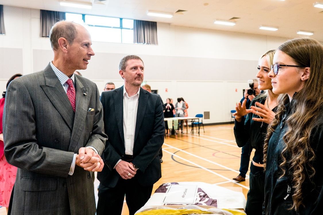 His Royal Highness The Duke of Edinburgh, with SERC CEO  and Principal Tommy Martin, talks to students from SERC Downpatrick Campus