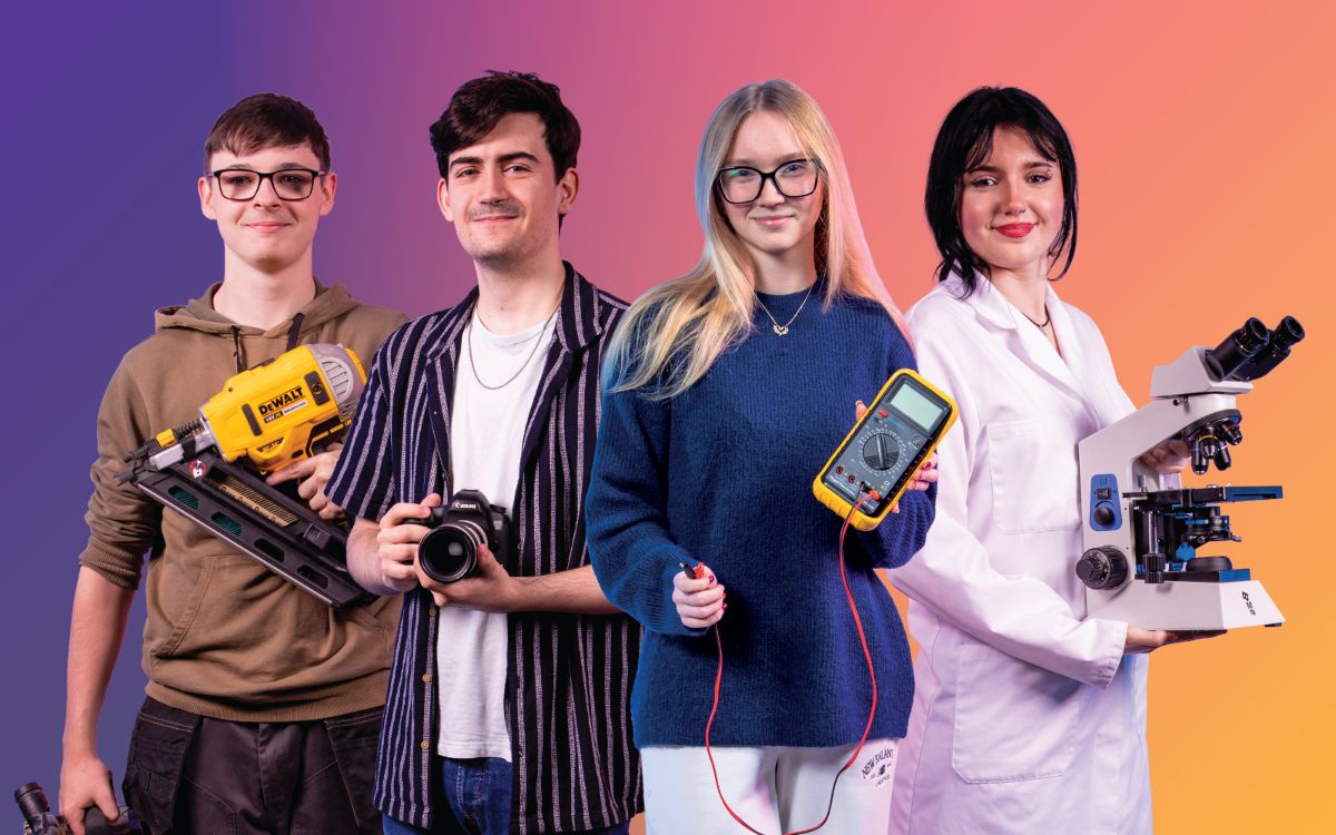 Four SERC students on a colourful purple and orange background