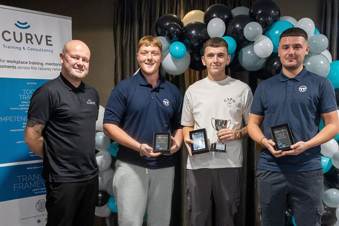 Greg Gibson, Curve Trainer & Assessor, pictured with winners of the Track Award – Caleb Hammond,   Stephen Simpson and Joshua McAteer – a peer-voted award celebrating teamwork.