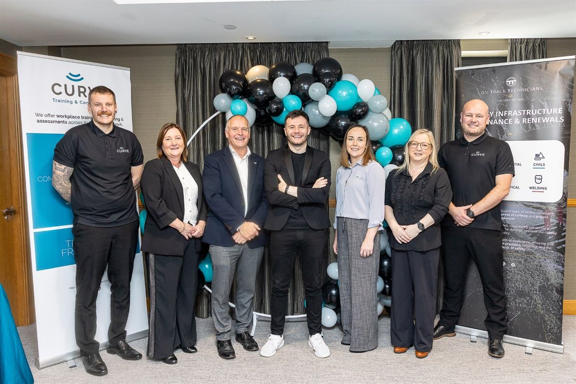 Jordan Cooke, Curve Trainer & Assessor; Victoria Boyd, Head of Training Programmes and Apprenticeships at SERC; Andrew Irwin, Strategic Director, On Track Technicians; host Aaron Butler, Kathleen Faloon, Training & Development Manager, Curve; Áine McGreeghan, Principal Lecturer – Engineering & Science at SERC and Greg Gibson, Curve Trainer & Assessor.