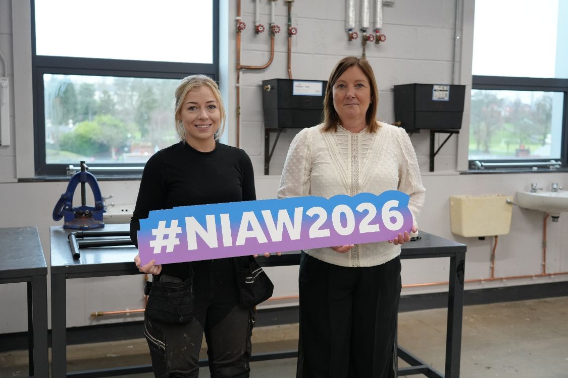 Megan Pinney (26), from Ballynahinch, a SERC Level 2 Apprenticeship NI in Plumbing employed by A. Burns Plumbing & Heating and Victoria Boyd, Head of Training Programmes & Apprenticeships at SERC.