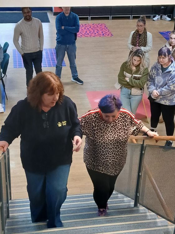 Sighted guide training on the staircase.