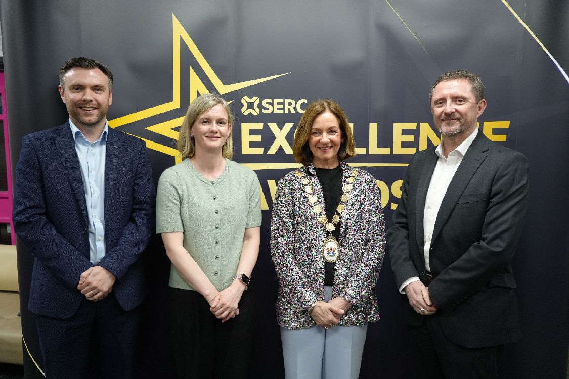 Scott Orr and Fiona McElroy, Nivaco Group, sponsor of the FE category awards; Councillor Gillian McCollum, Mayor of Ards & North Down Borough Council, sponsor of the Entrepreneur awards and Tommy Martin, Principal & Chief Executive, SERC. 