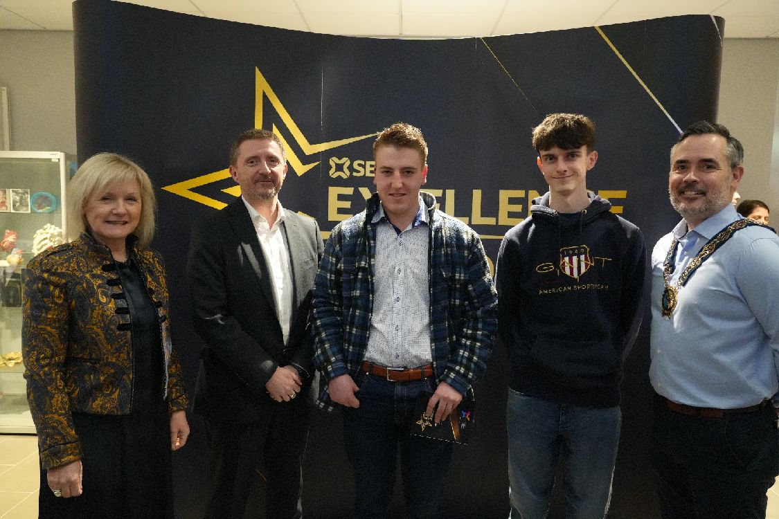 SERC’s Heather McKee, Deputy Principal; Tommy Martin, Principal & Chief Executive; with students Jack Kennedy and Ciaran Gilgunn; and Cllr Philip Campbell, Chair of Newry, Mourne & Down District Council.