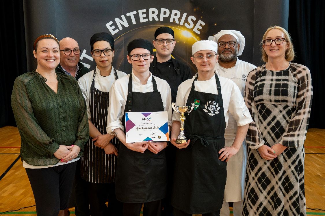 Judges, Katie Matthews-Furphy, The Mind Tribe UK, Irvine Abraham, Above Ground Level  and (far right) Bronagh Ward, Royal Academy of Engineering with Joint Runners Up of the SERC PBL X 2026 Competition for their More Taste, Less Waste project  Jameson Cheuk (from Moira), Ethan Hopkins (from Crumlin), Brody Fyffe-McFadden (from Lisburn), Matthew Beech (from Dunmurry) and Victor Smith Quiroz (from Belfast).