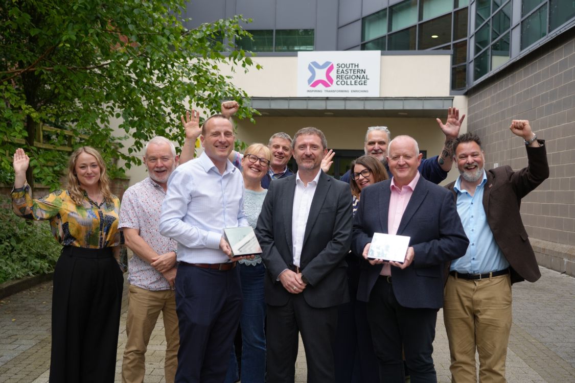 (L – R) Culinary arts team, Elizabeth Major, Paul Monaghan, Paul Mercer with Silver Award for FE Team of the Year, Ruth Doherty, Ian Thompson, Tommy Martin, Principal & Chief Executive, SERC with Claire Gillen, Brian Magill, Stephen McGreevy with Silver Award for FE Lecturer of the Year, and Friedrich Machala.