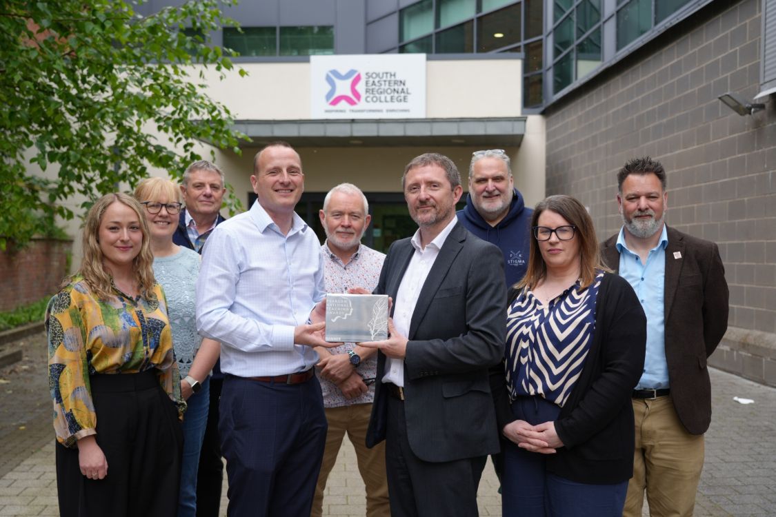 (L – R) Elizabeth Major, Ruth Doherty, Ian Thompson, Paul Mercer with Silver Award, Paul Monaghan, Tommy Martin, Principal & Chief Executive, SERC, Brian Magill, Claire Gillen and Friedrich Machala. 