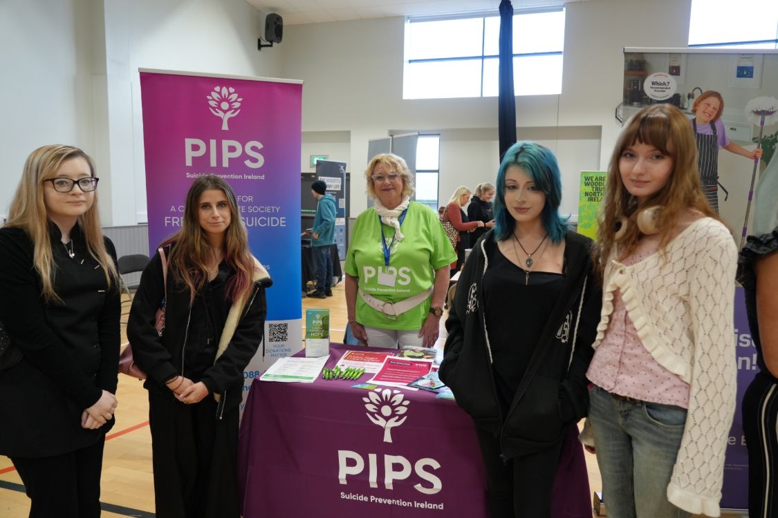 Caoimhe Faoona, Shanta Kelly, both Level 2 Hairdressing; with exhibitor, Lea Connell from PIPS; Aine Mary Duggan, Level 3 Art & Design, and Ash Selkh