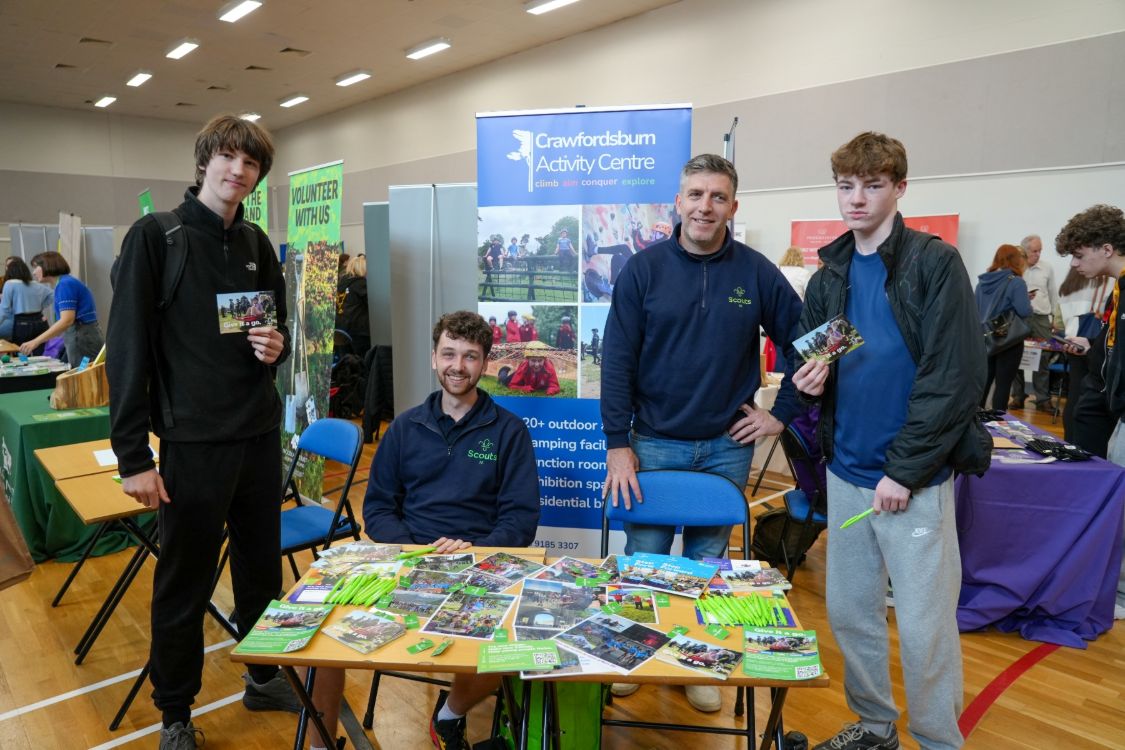 Noah Hallowell (16, Lisburn)  and (right) Jamie Lyons (16, Ballynahinch) with Scouts NI representatives, Jack Fry and Scott Witherick
