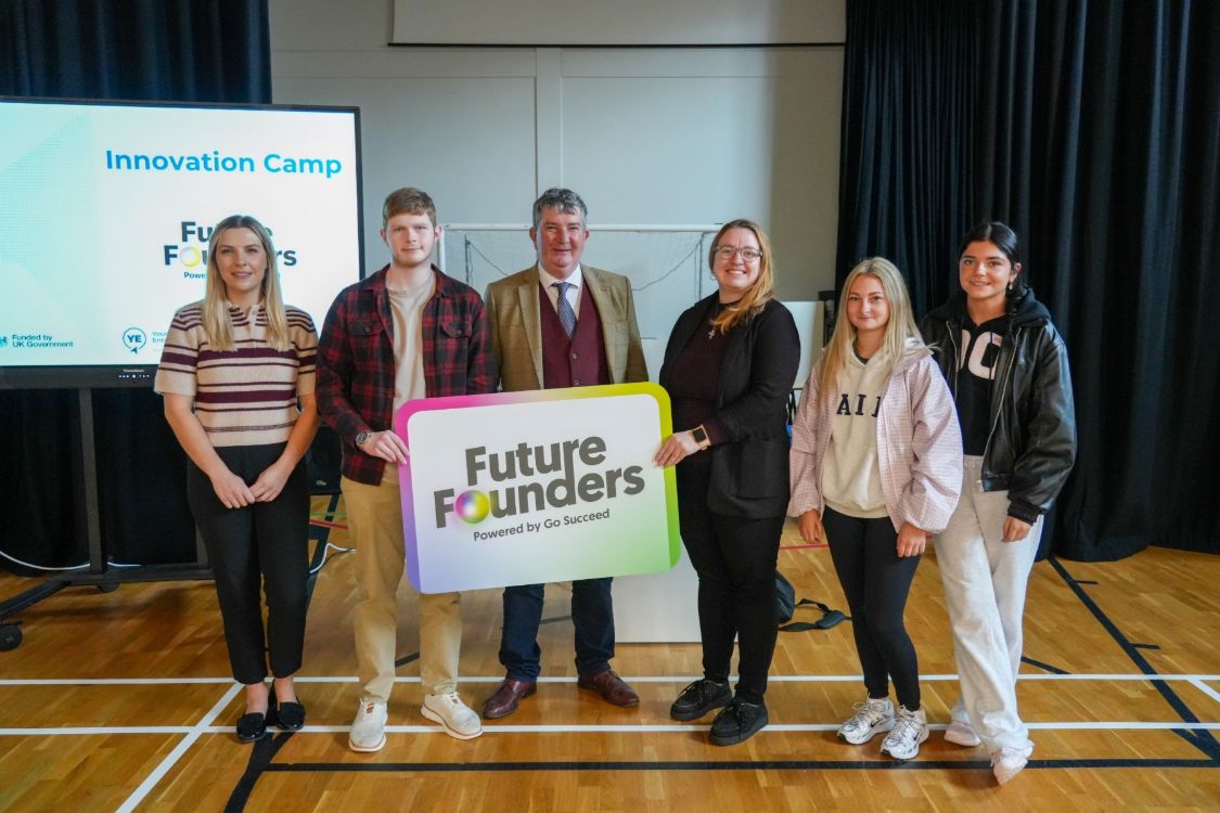 Megan Rollins, Senior Innovation Advisor, SERC; Justin Lucas (19, Lisburn), Level 2 IT Trainee;  Alderman James Baird, Lisburn and Castlereagh City Council, Rebekah White, Young Enterprise;  and Ellie Dougherty (18, Lisburn), and Sienna Bradford (17, Lisburn), both Level 2 Beauty Therapy Traineeship students.