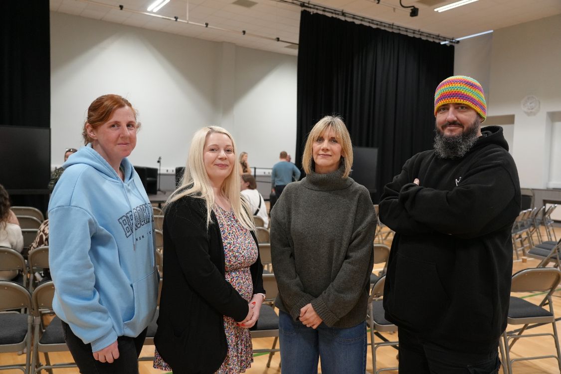 Adult learners, Maria Goodhall and Ann O’Hare, both SERC Restart, Newcastle Campus; with  Anita McAuley, Associate Lecturer, Access & Restart, SERC; and Steve Comiskey, Restart, Downpatrick Campus.