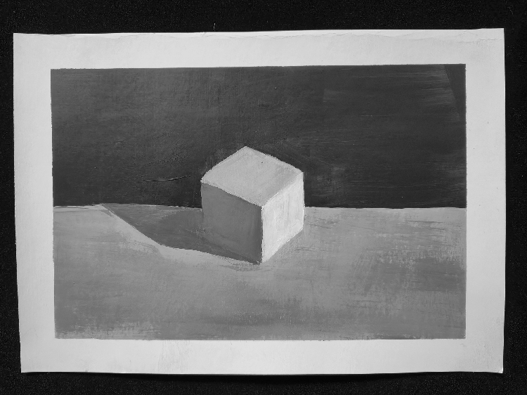 Grayscale painting of a cube