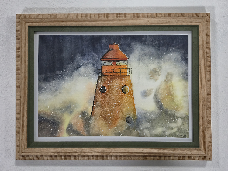 Painting of a lighthouse in a stormy sea