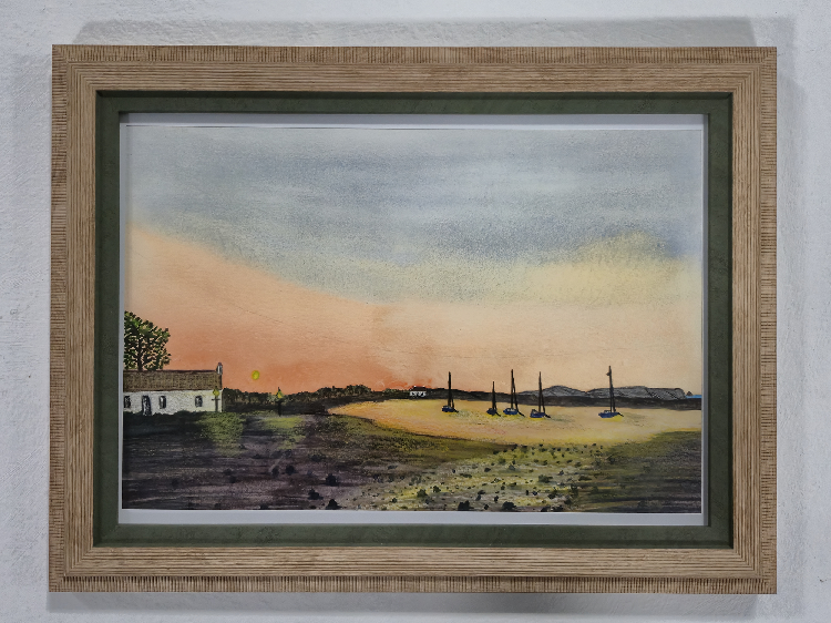 Landscape painting with cottage beside a bay with boats