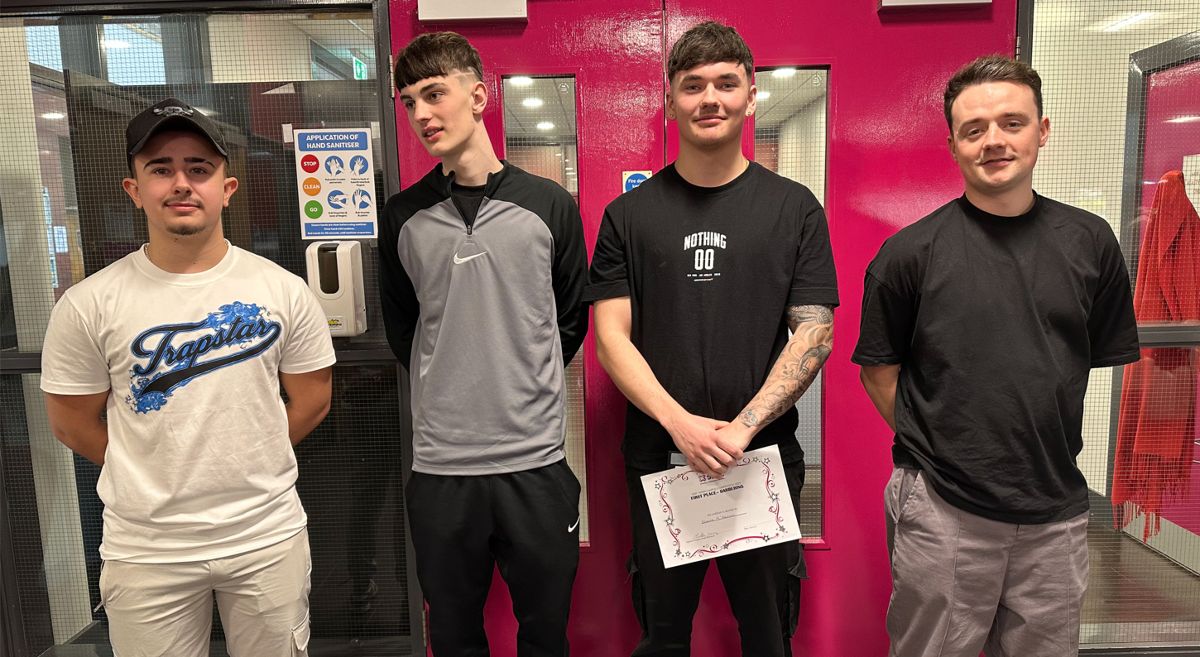 (L-R) Jack Greer, model, Blaine McKeown and Aidan Turley.