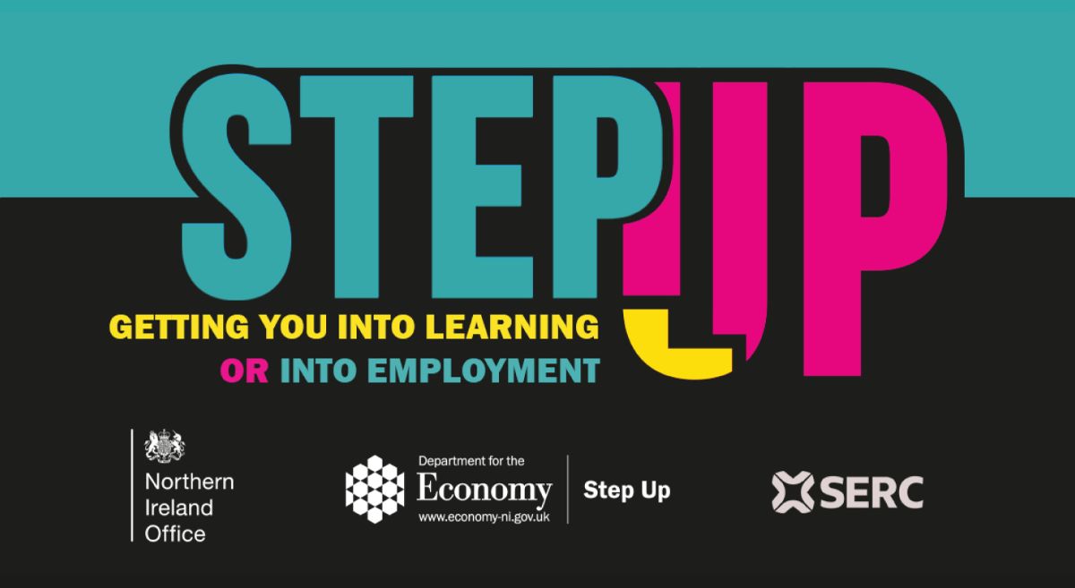 Graphic Step Up Logo with text Getting you into learning and into employment