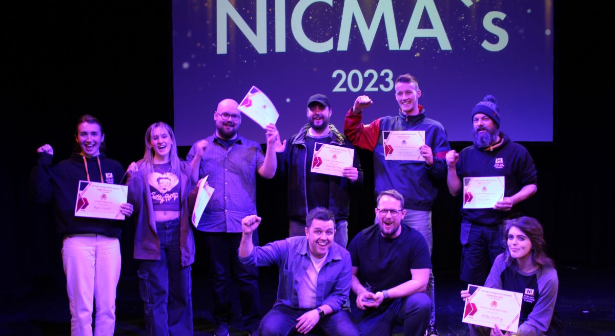 SERC students and staff celebrating their NI College Media Awards with Pete Snodden