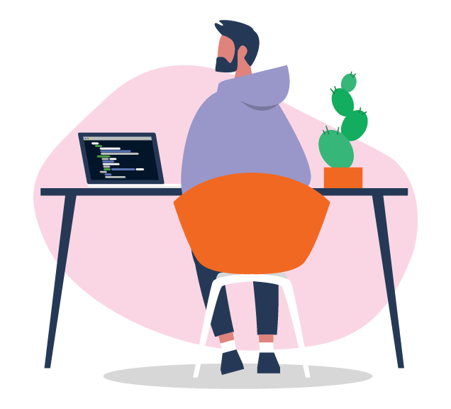 Graphic of a person sitting at a computer in a clean and tidy location